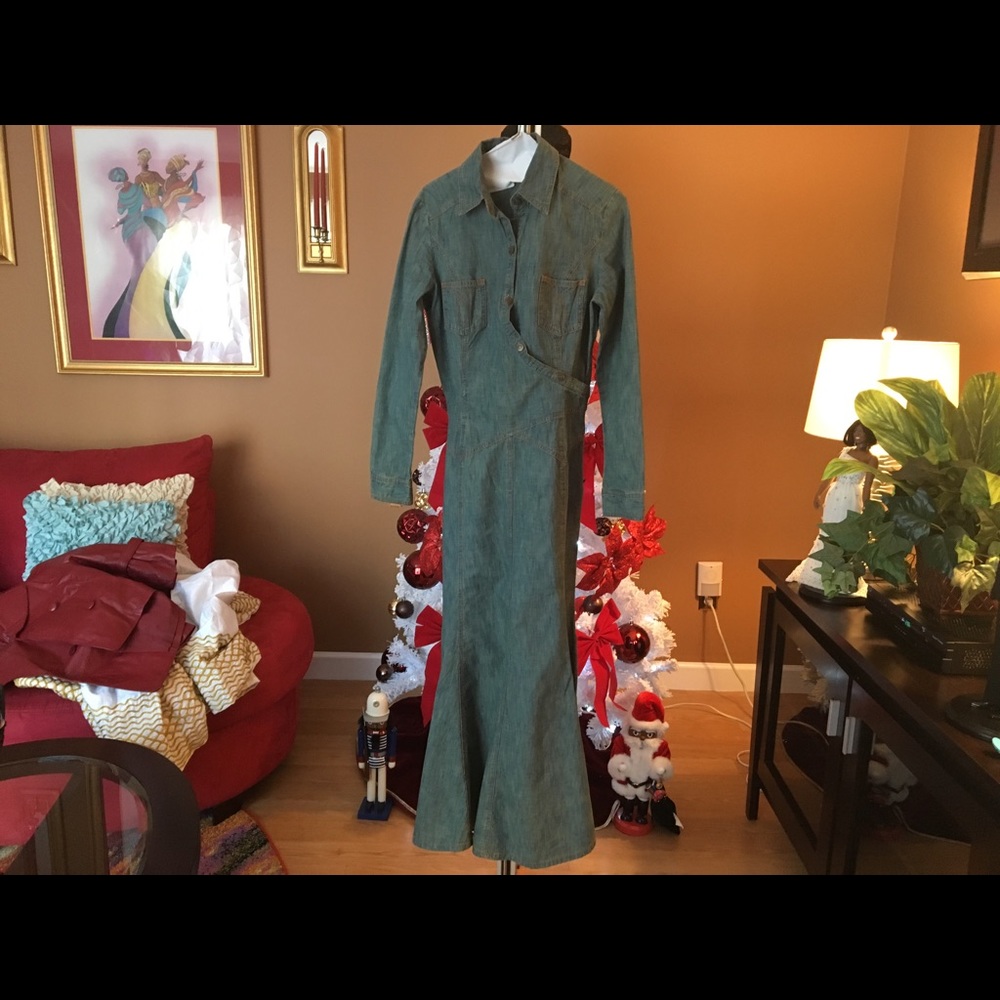 Maxi length blue jean dress with flair